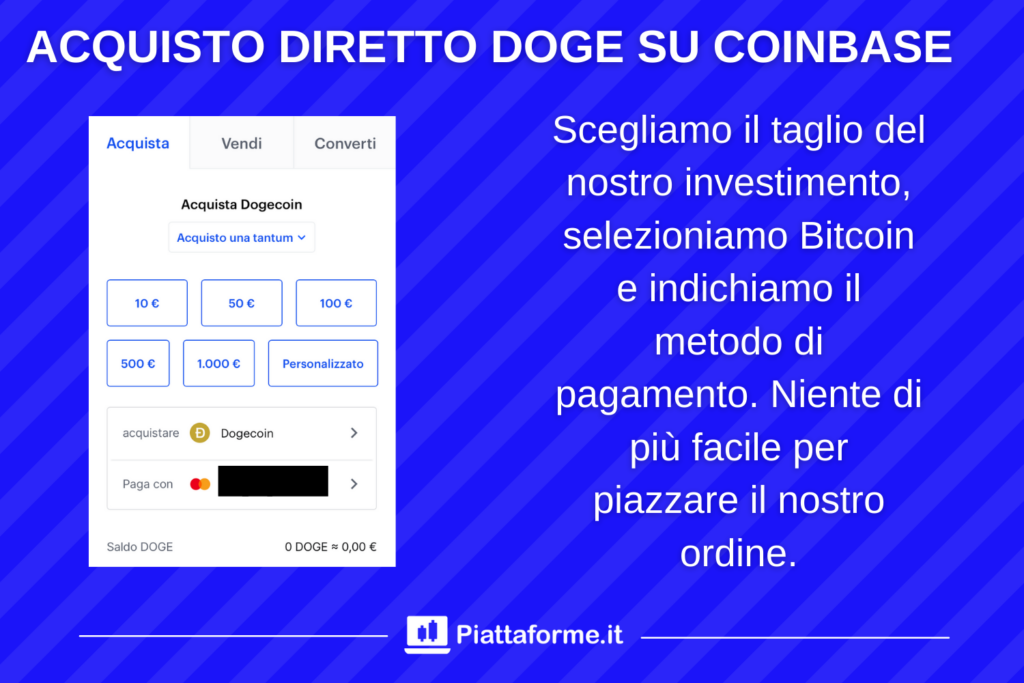 Coinbase - ordine di acquisto diretto di Dogecoin - di Piattaforme.it