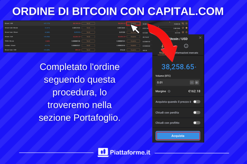Ordine di prova trading Bitcoin su Capital.com