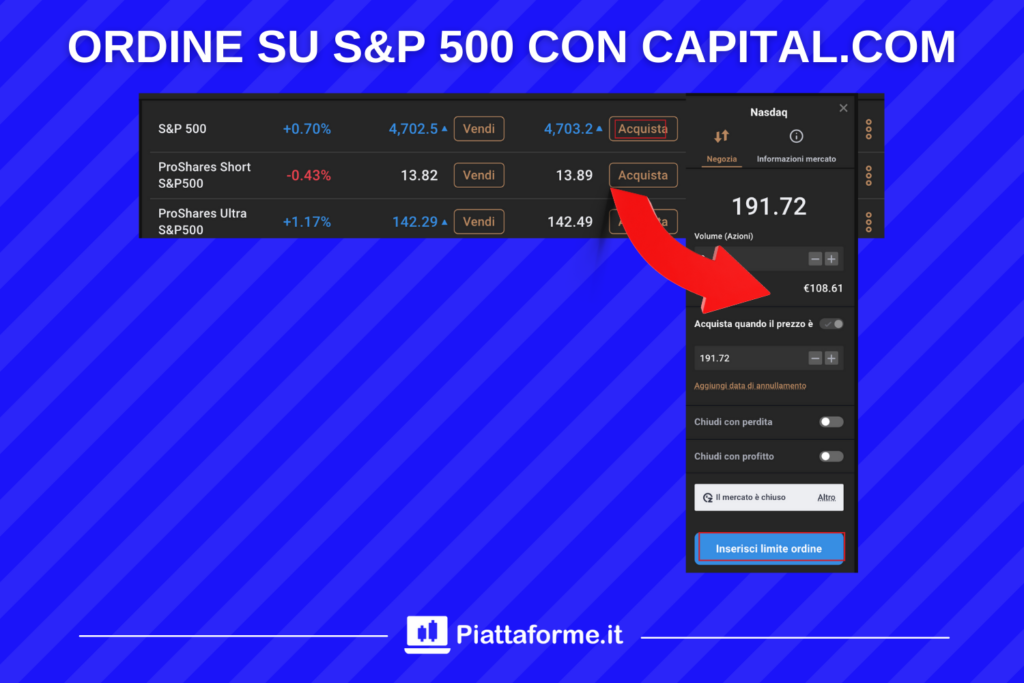 S&P 500 - piattaforma Capital.com  - prova di ordine