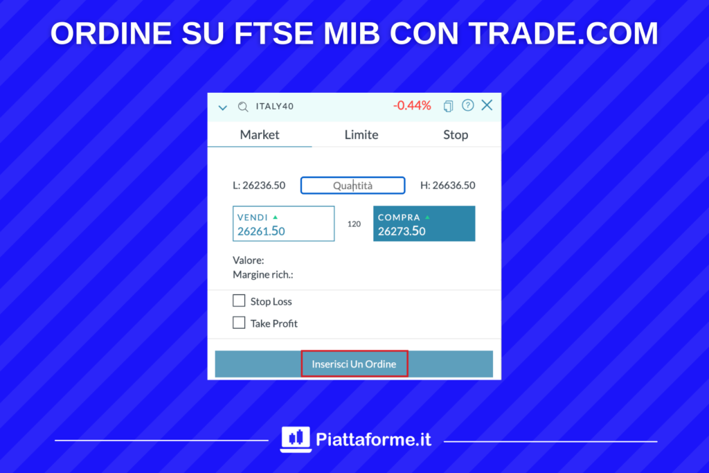 FTSE MIB - schermata di ordine su Trade.com
